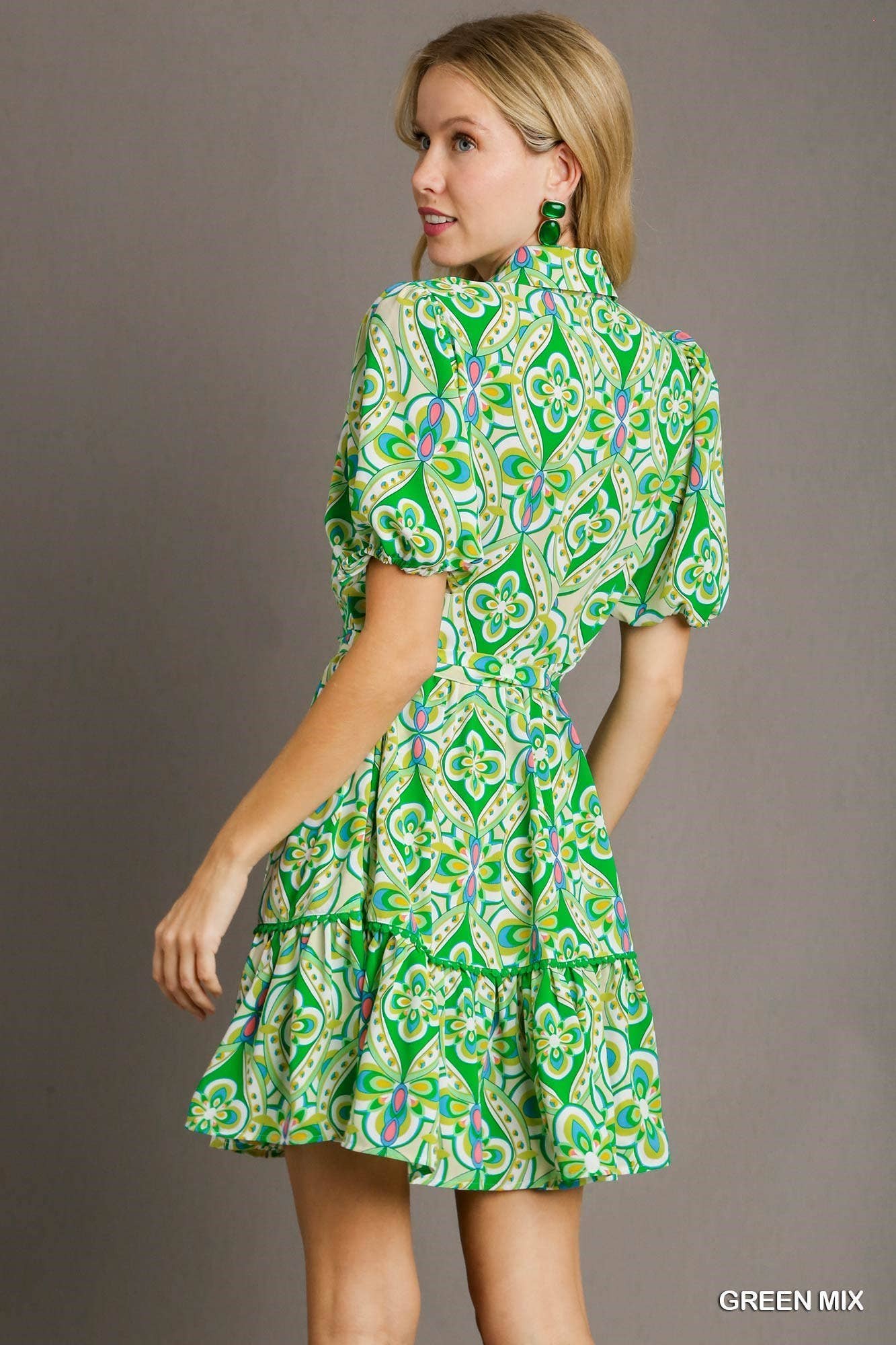 Green Print Collared Button Down Dress