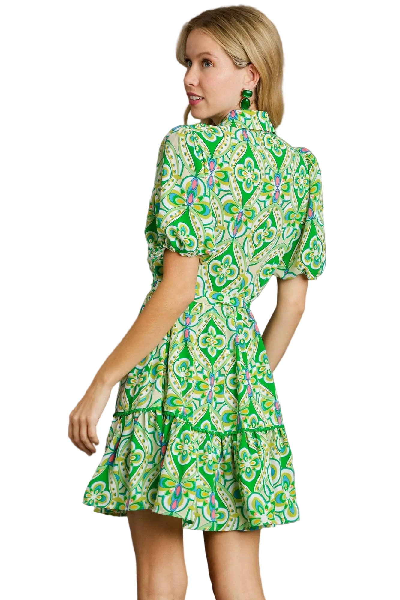Green Print Collared Button Down Dress