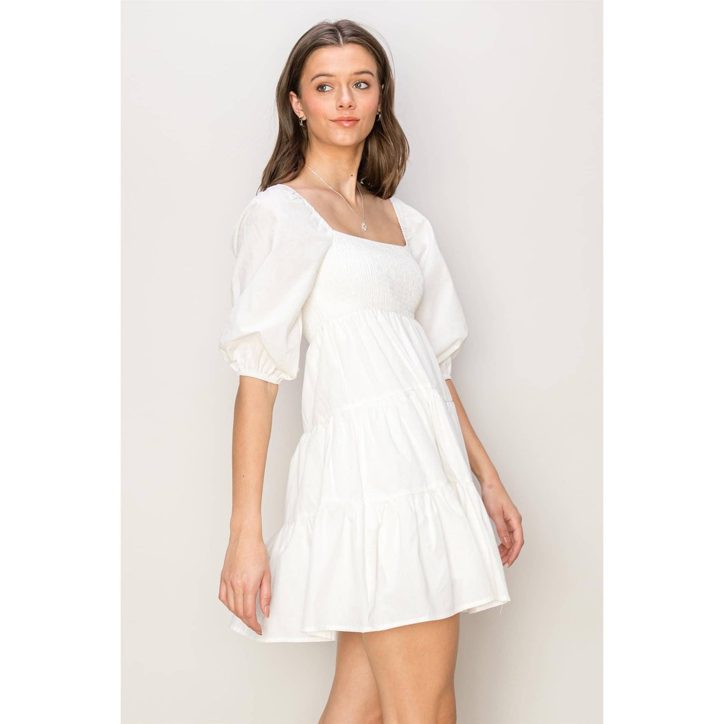 POPLIN SMOCKED MINI DRESS: OFF WHITE