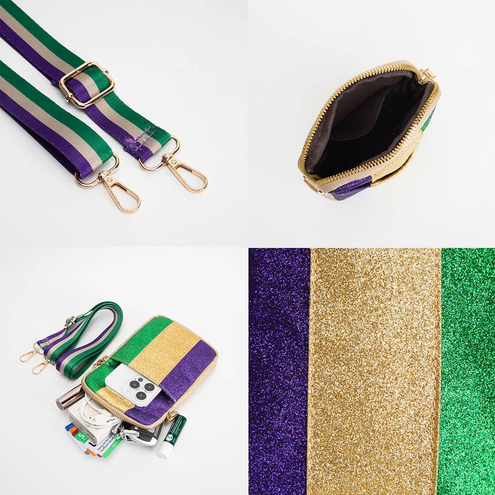 Faux Leather Mardi Gras Sparkle Front Small Crossbody Bag: Gold
