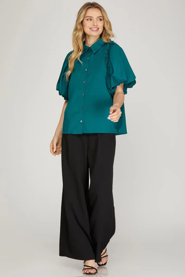 TEAL GREEN BUBBLE SLEEVES BUTTON DOWN WOVEN TOP