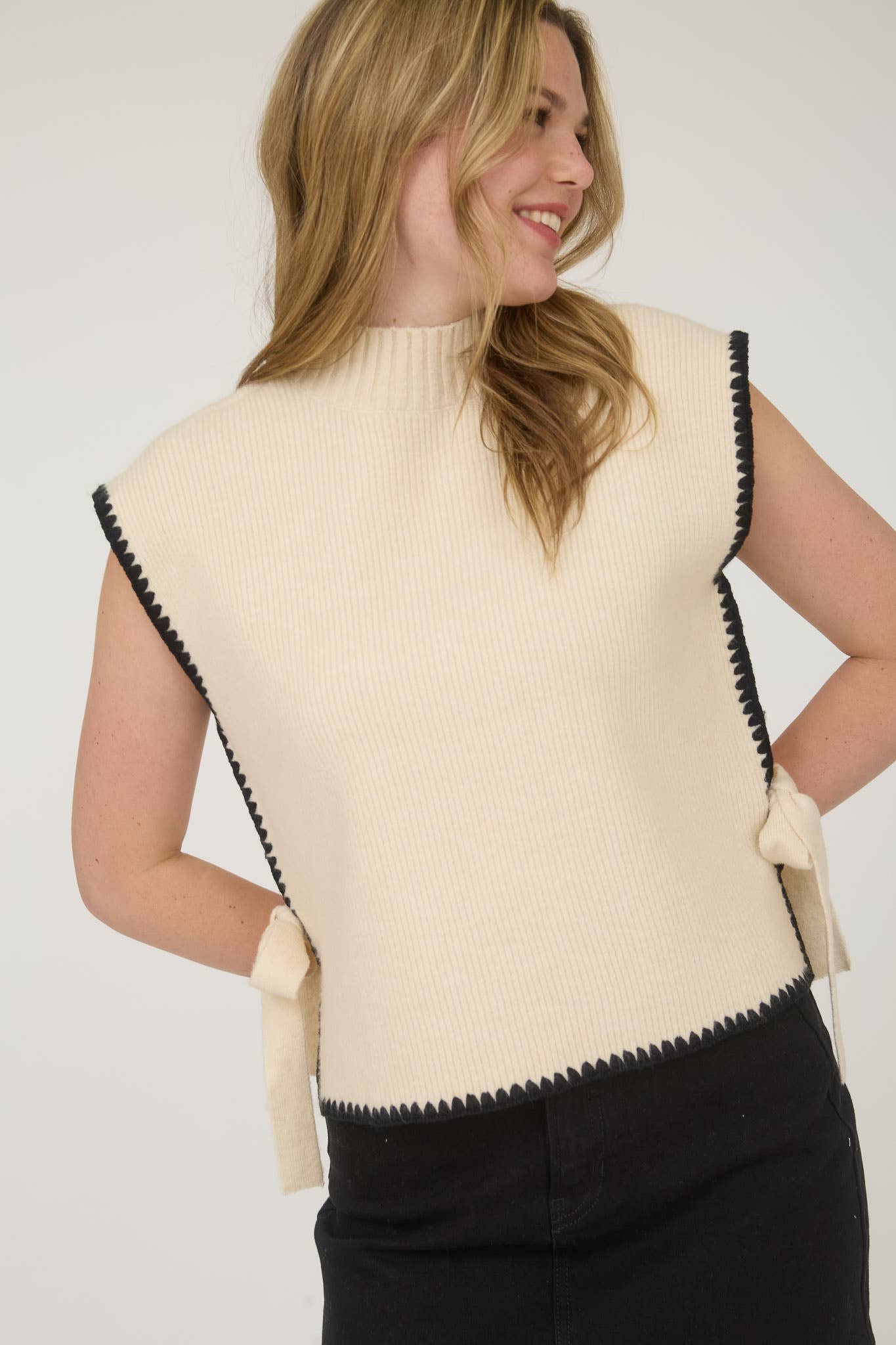 MOCK NECK CONTRAST STITCH SIDE TIE SWEATER TOP