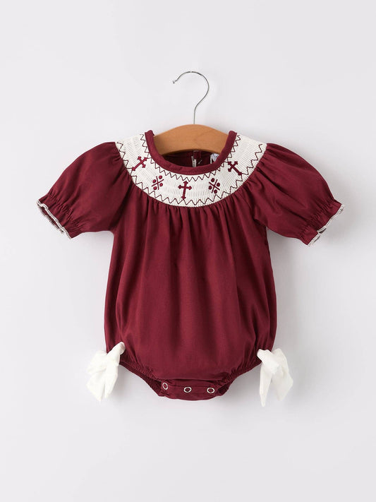 Dark Red Smocked Bishop Girls Bubble