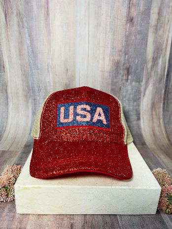 Glitter USA patch On Red Glitter Trucker Hat