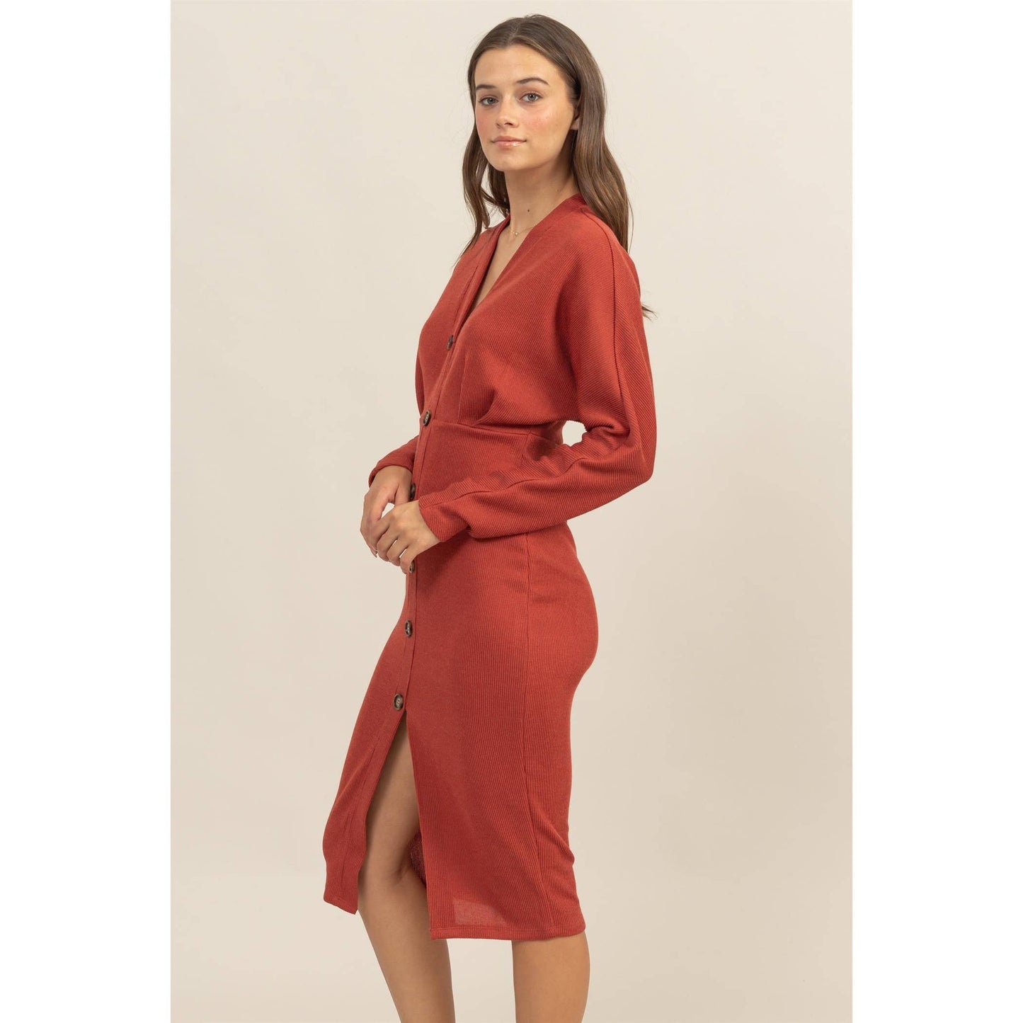 Faux Button-Down Knit Midi Dress ~ Rust
