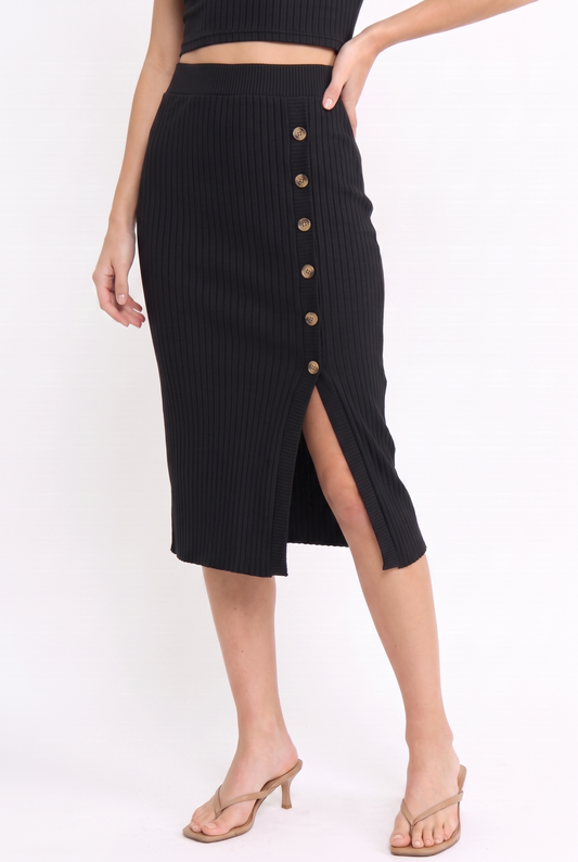 Ribbed Knit Button Slit Midi Skirt
