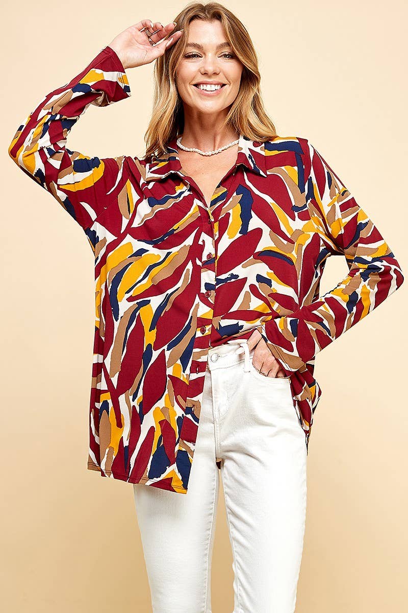 COLOR BUTTON UP COLLAR LOOSE SHIRT TOP