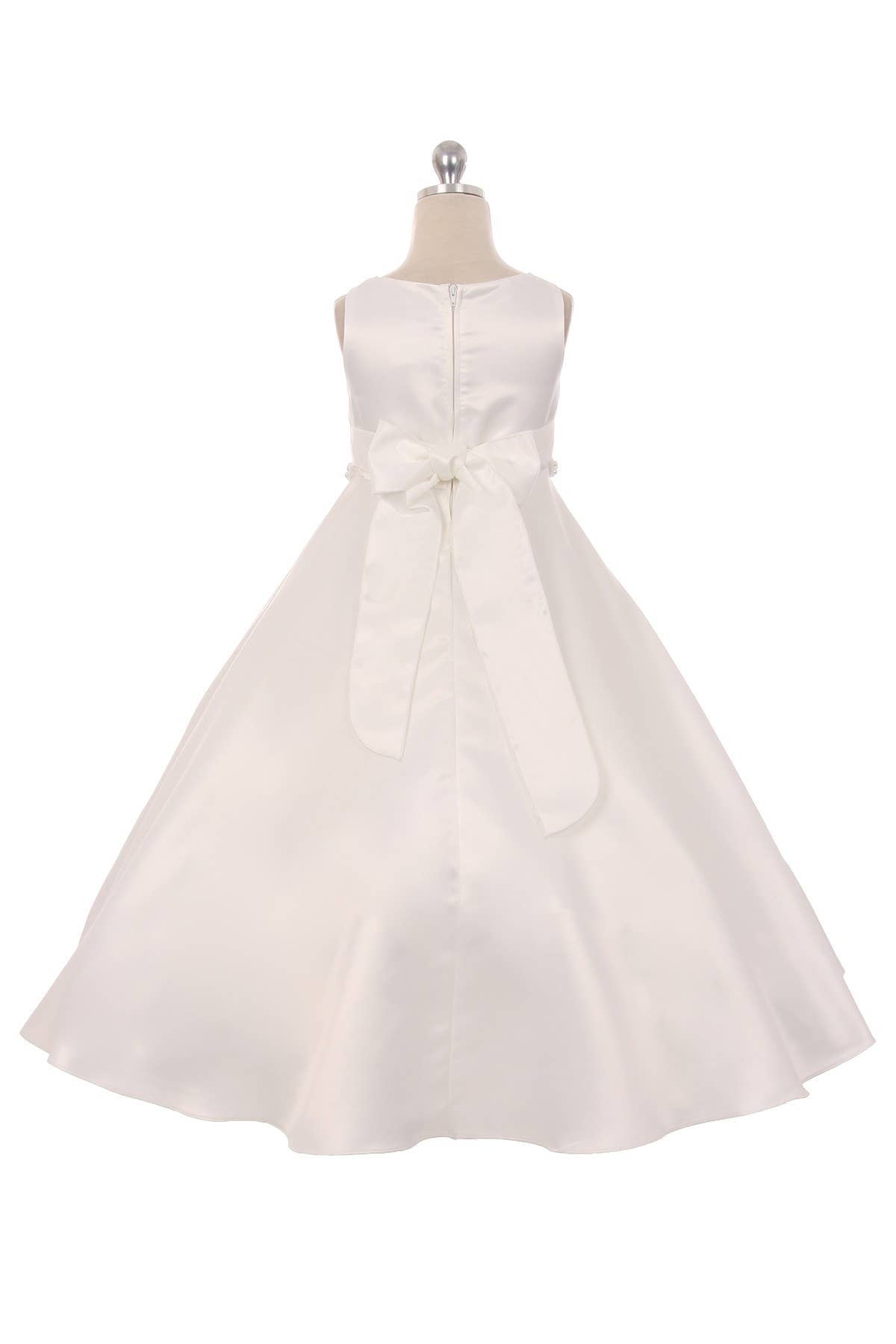 Long Satin Pearl Trim Girls Communion Dress