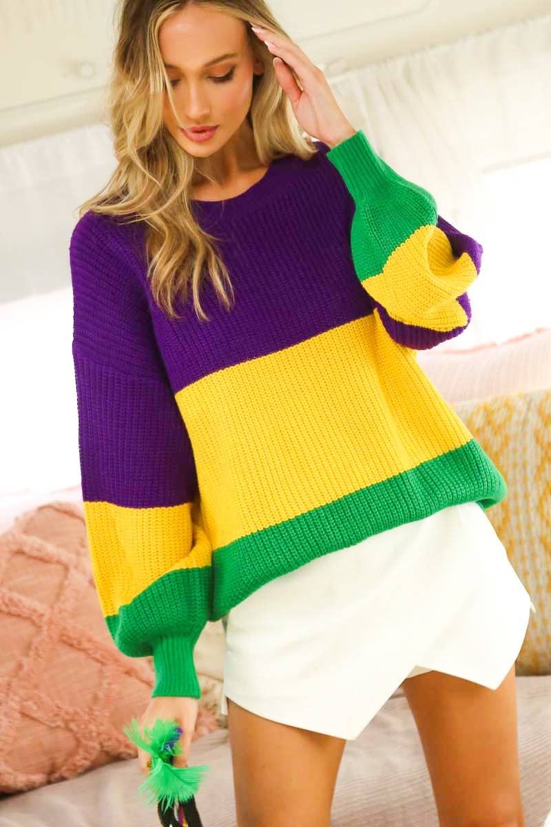Color block Mardi Gras Round Neck Knitted Sweater