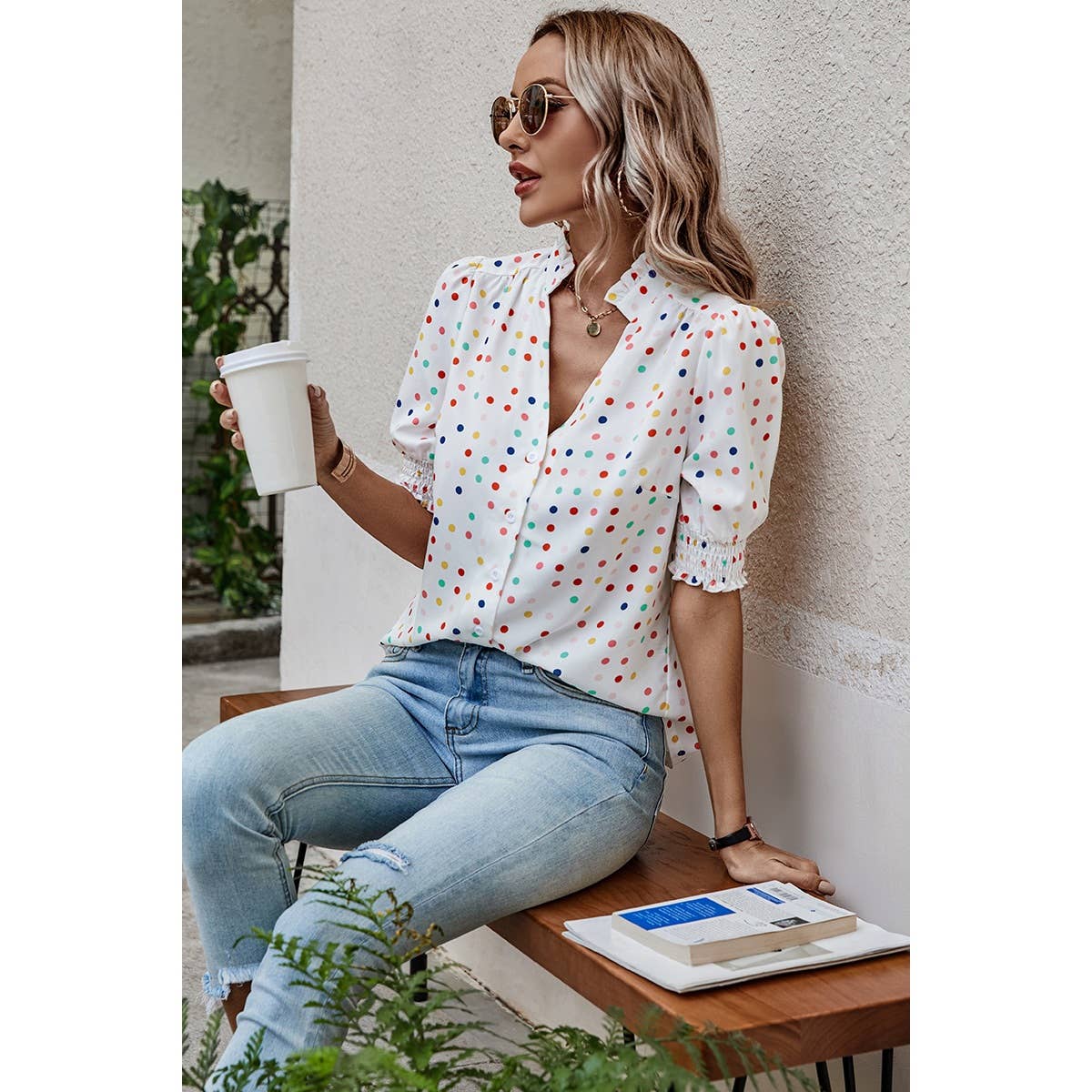 Polka Dot Print Puff Sleeve Loose Shirt