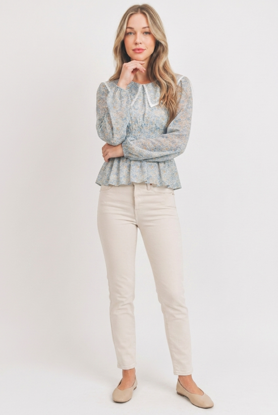 Floral Print Blouse with Lace Collar
