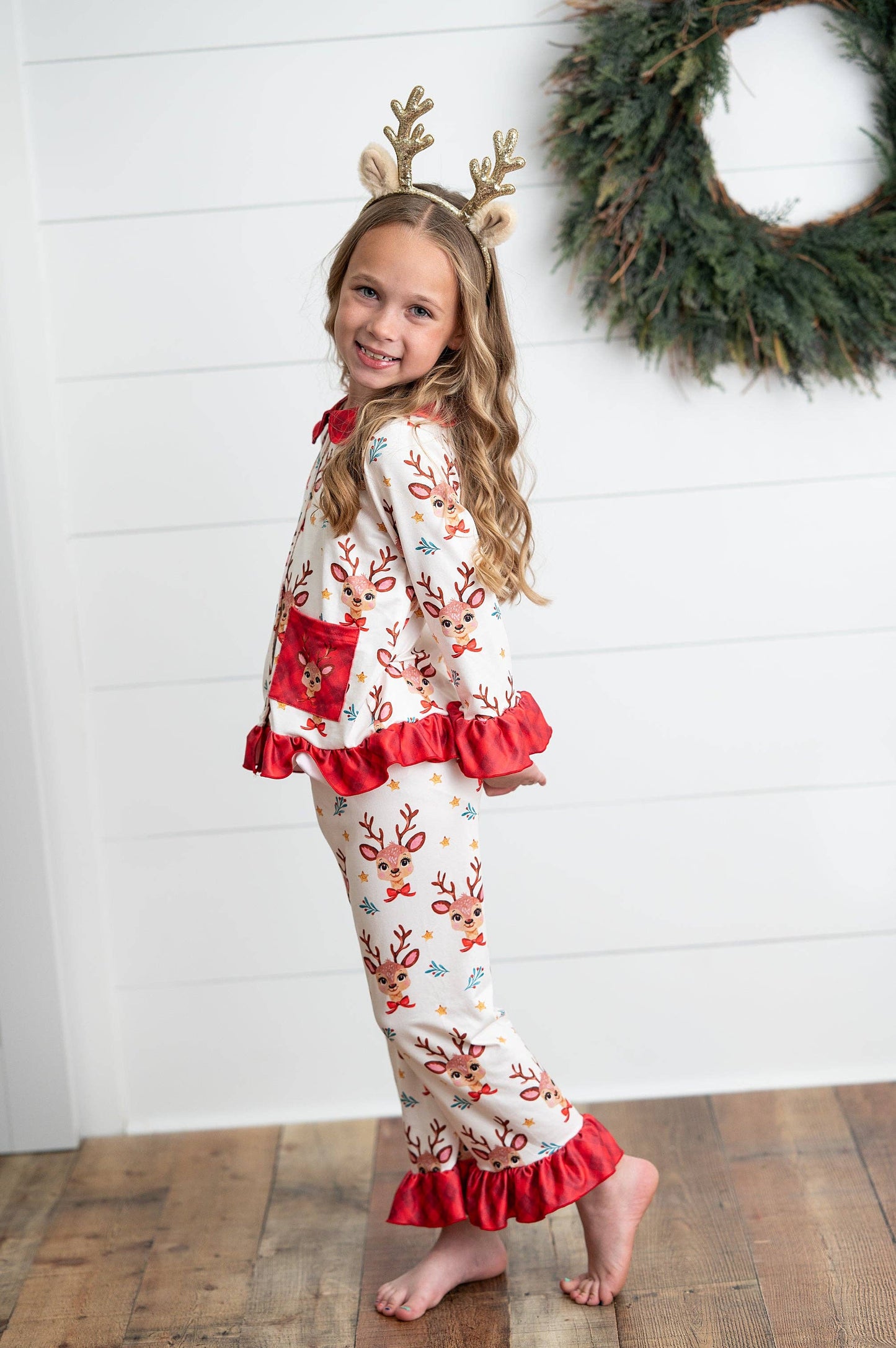 Kids Reindeer Pocket Button Holiday Lounge Play Ruffle Set