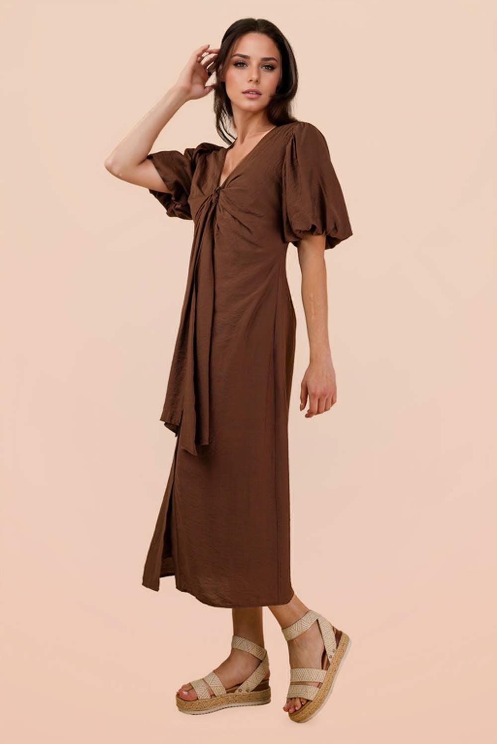 Chocolate Front Tie Detail Button Down Midi Dress