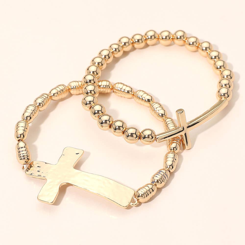 2PCS - Metal Cross Accent Beaded Stretch Multi Layered Bracelet