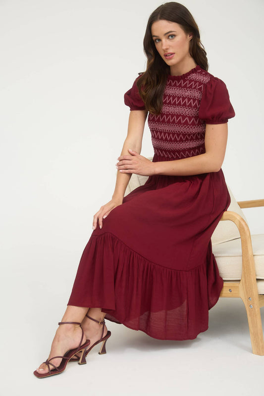 CONTRAST SMOCKED DETAIL PUFF SLEEVE MIDI DRESS