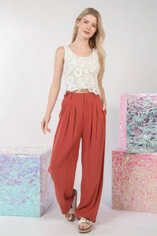 Solid Linen Pleated Wide Leg Comfy Pants