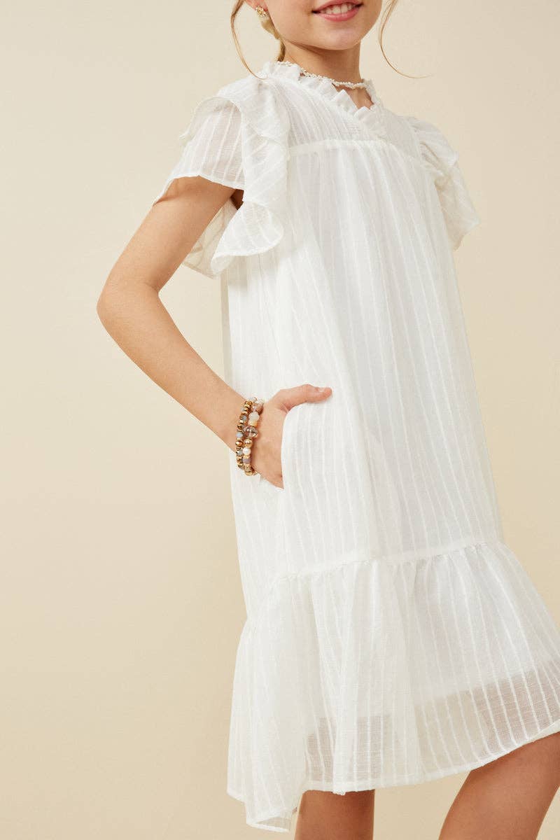 Girls Texture Striped Ruffle Sleeve V Neck Dress