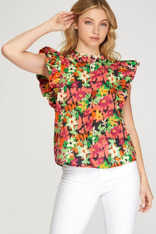 BLACK FLORAL FLUTTER SLEEVES BUTTON-UP TOP