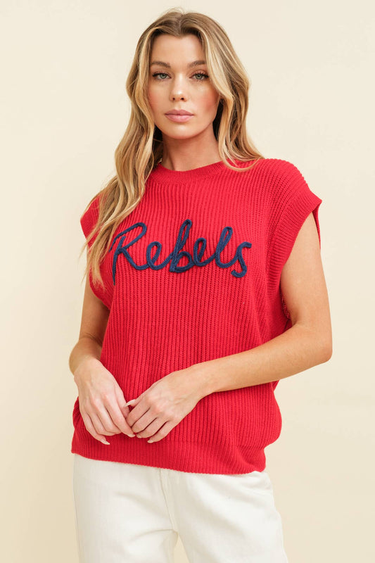 “REBELS" EMBROIDERED SLEEVELESS SWEATER TOP