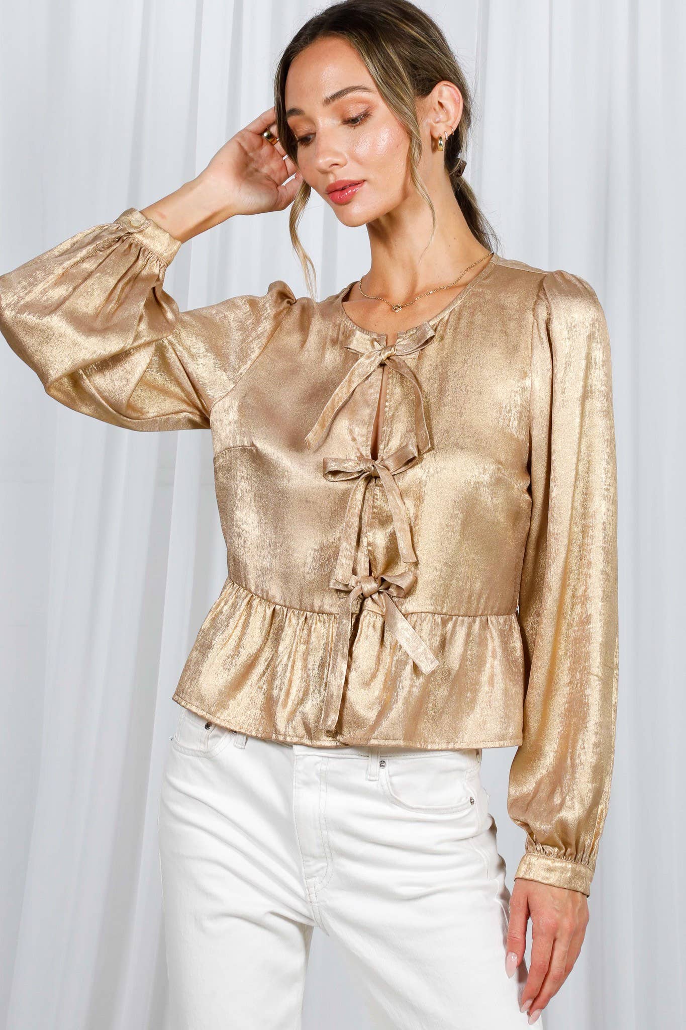 Gold Tie Front Design Metallic Gold Blouse Top