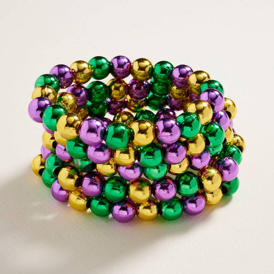 5PCS - Metallic Mardi Gras Beaded Stretch Multi Layered Bracelets