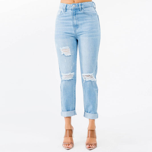 HIGH WAIST DISTRESSED MOM JEANS