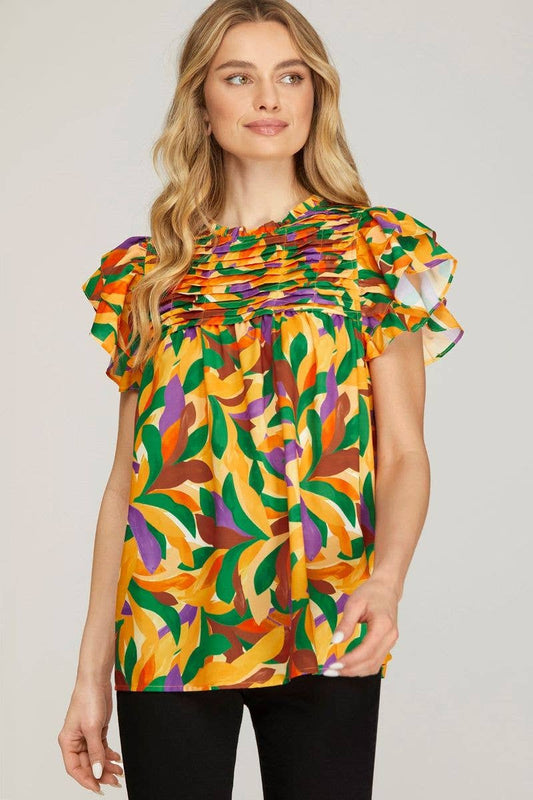 ORANGE YORK PRINT PLEATED TOP