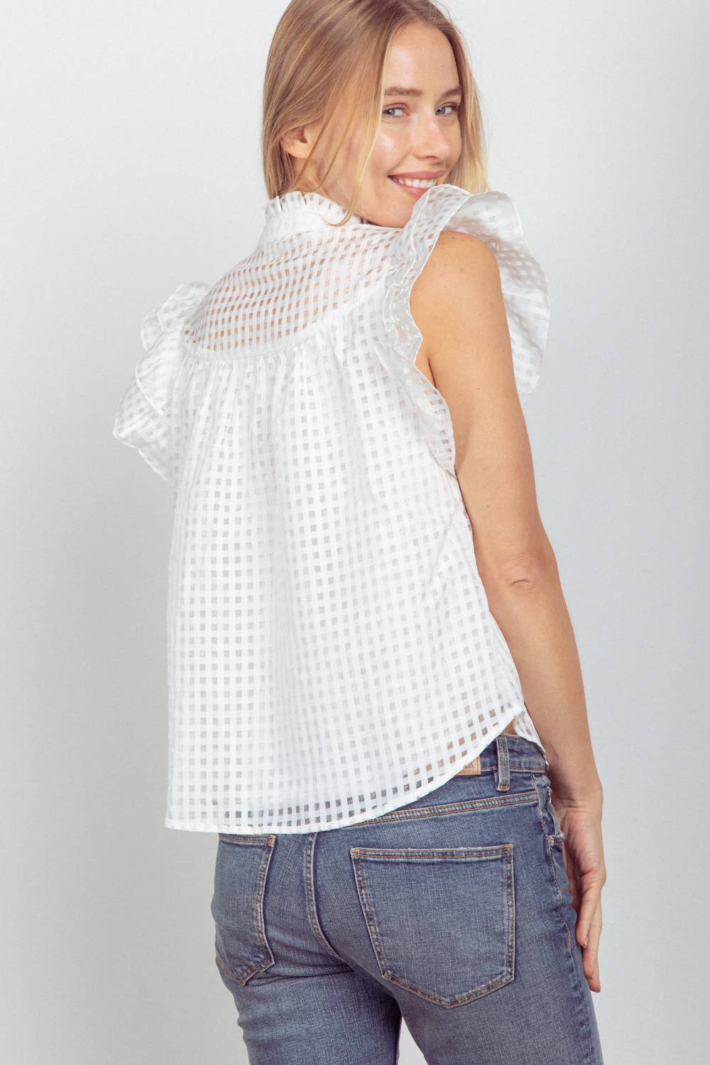 Checkered Organza Ruffled Blouse Top