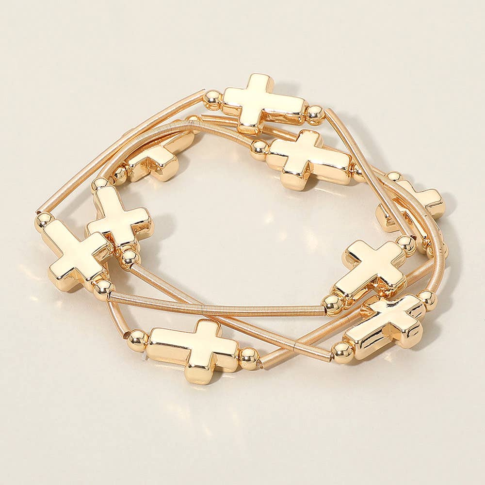 3PCS - Metal Cross Station Stretch Multi Layered Bracelets: Rhodium