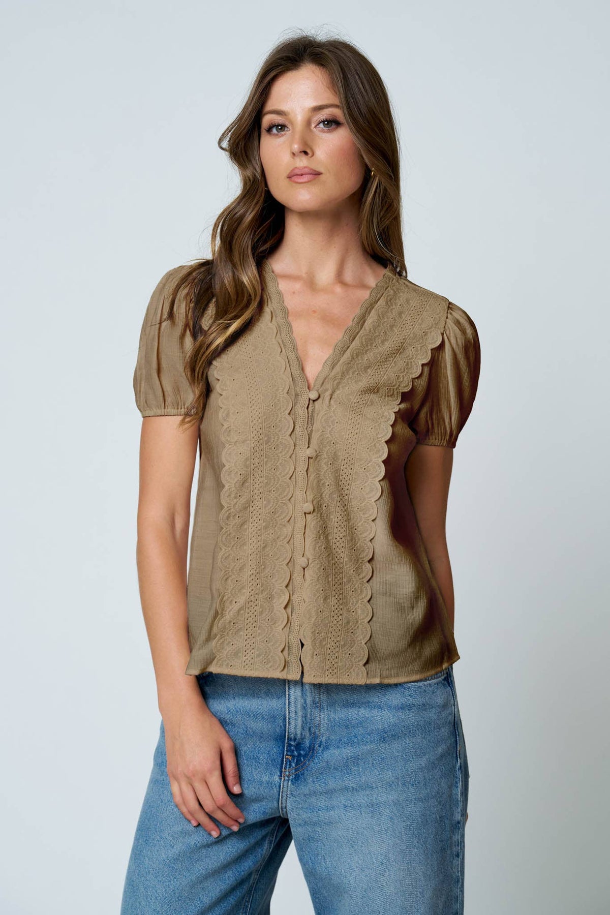 LACE DETAIL PUFF SLEEVE BUTTON DOWN BLOUSE (Multiple Colors)