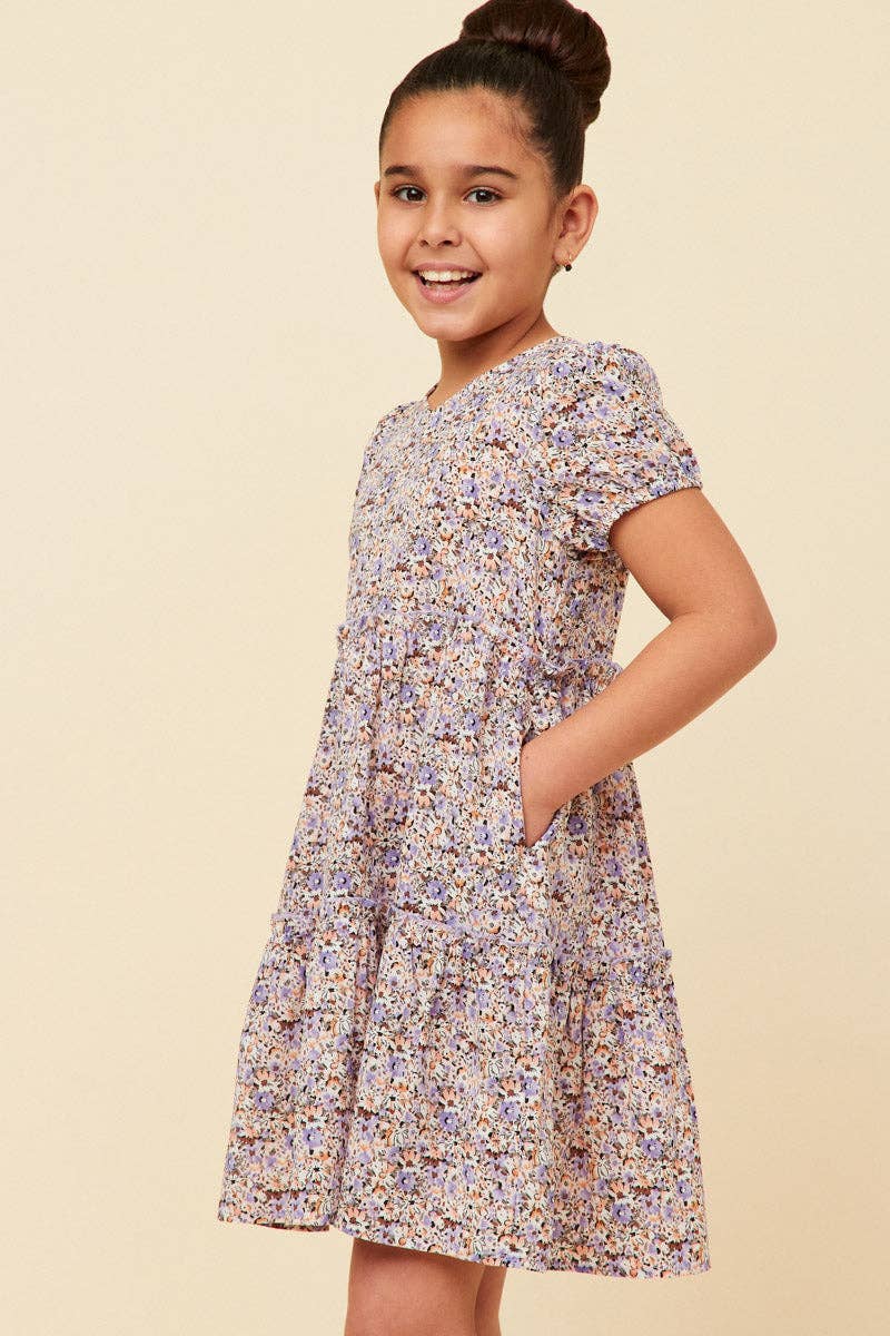 Girls Ditsy Floral Tiered Puff Sleeve V Neck Dress