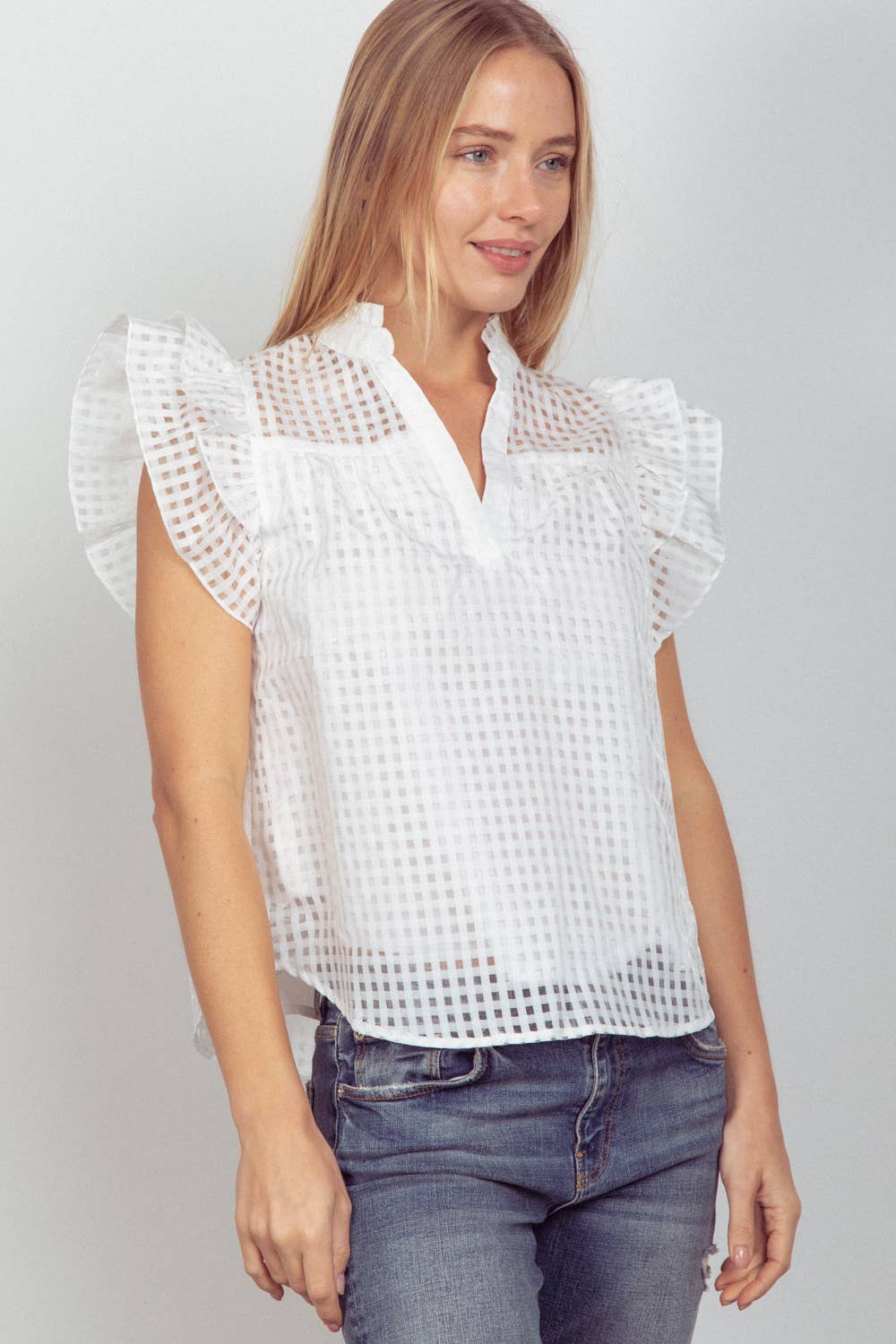 Checkered Organza Ruffled Blouse Top