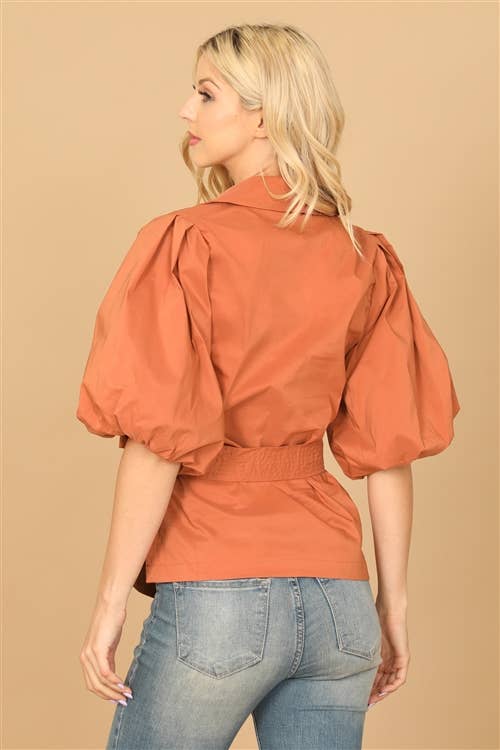 Puff Sleeve Surplice Waist Tie Solid Top