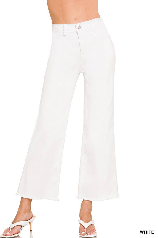 ACID WASHED FRAYED CUTOFF HEM STRAIGHT WIDE PANTS