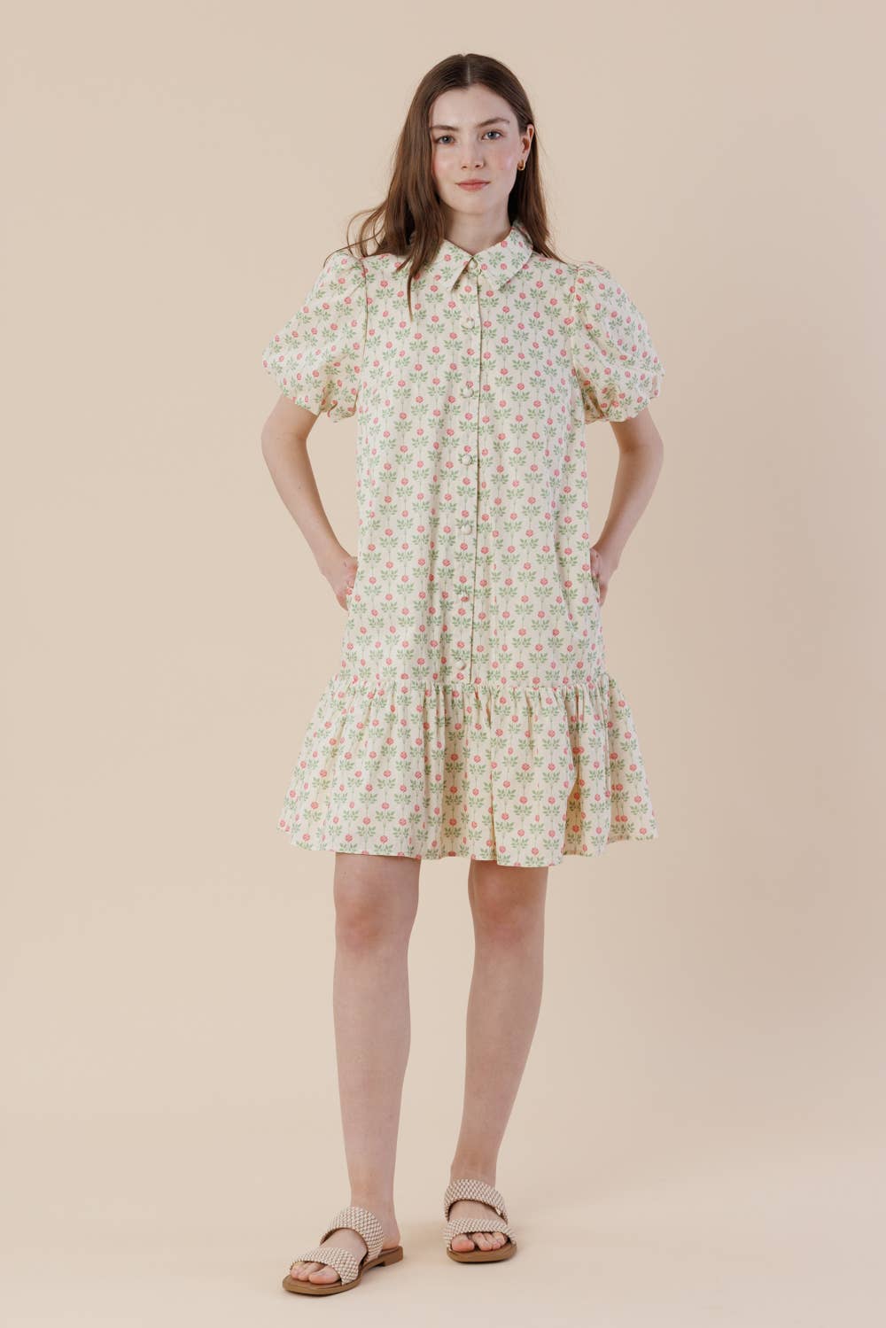 Floral Puff Sleeve Tiered Cotton Mini Dress