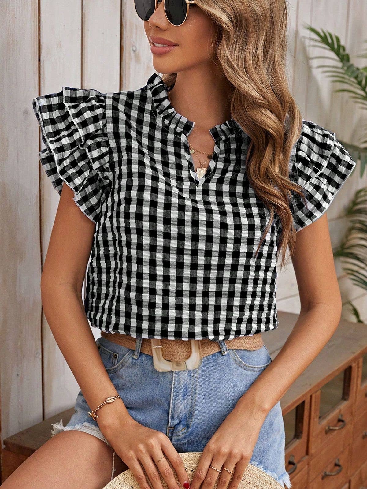Double-layer ruffled edge patterned top (Multiple colors)