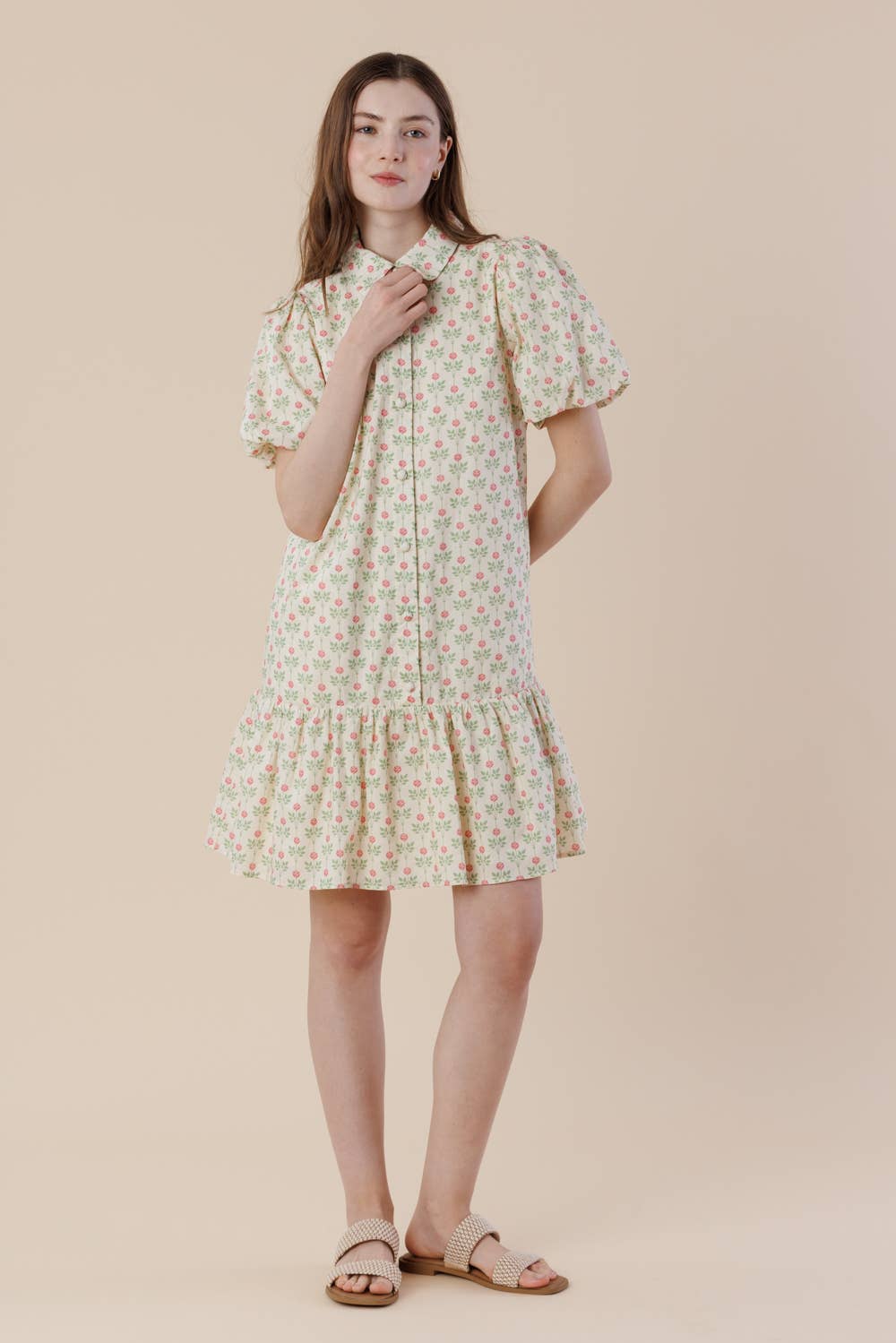 Floral Puff Sleeve Tiered Cotton Mini Dress