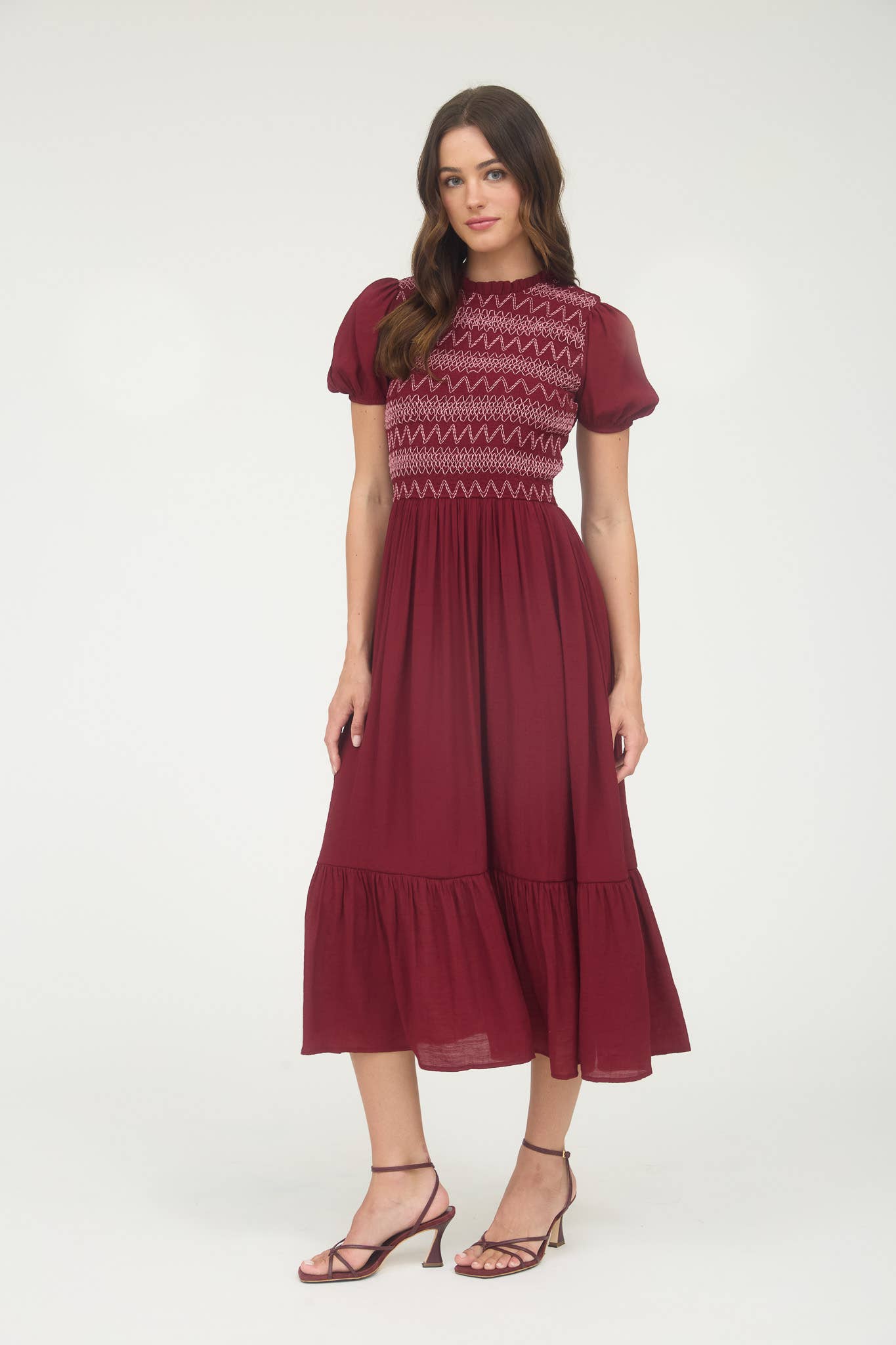 CONTRAST SMOCKED DETAIL PUFF SLEEVE MIDI DRESS