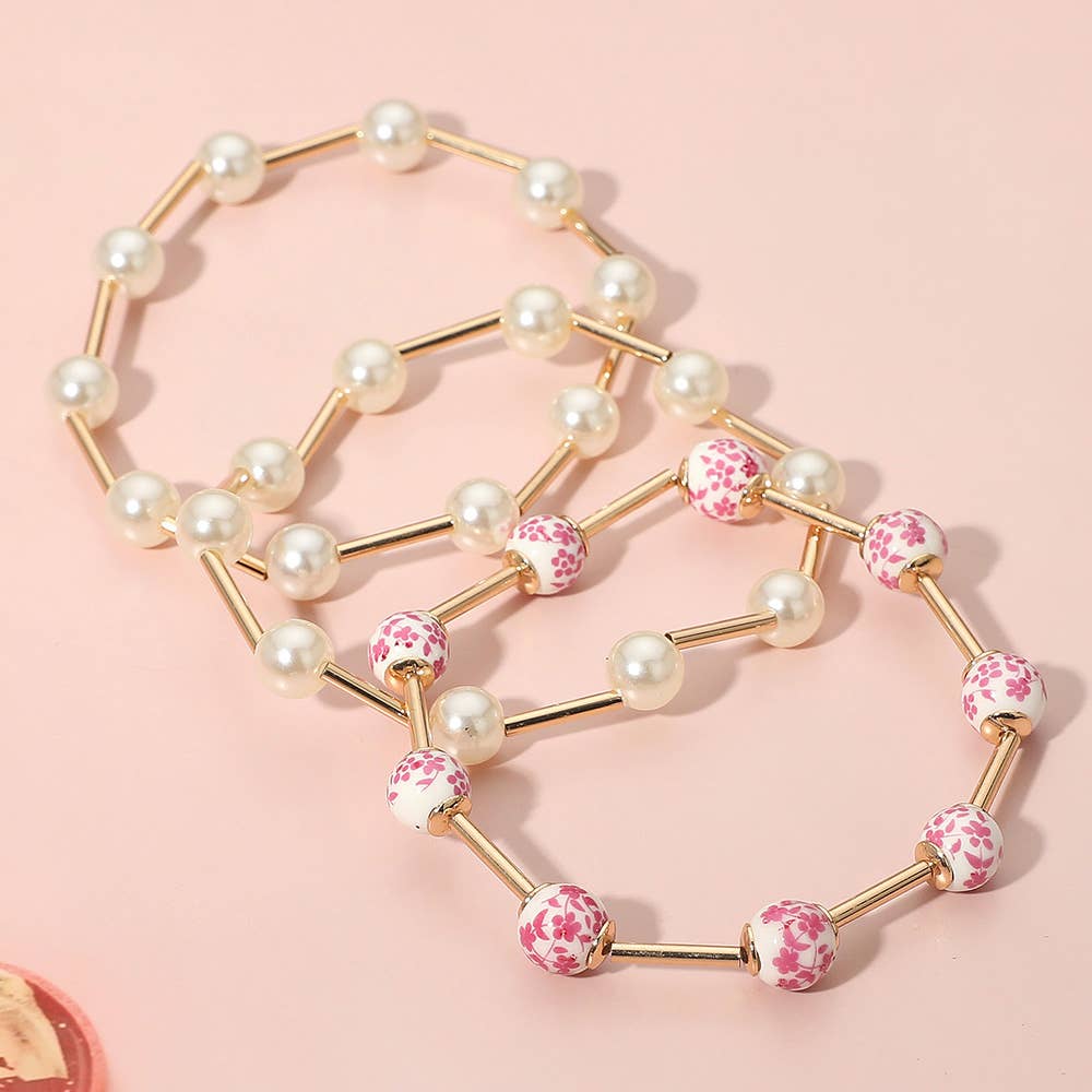 Floral Ceramic Ball Pearl Beaded Stretch Multi Layered Bracelets 3pc