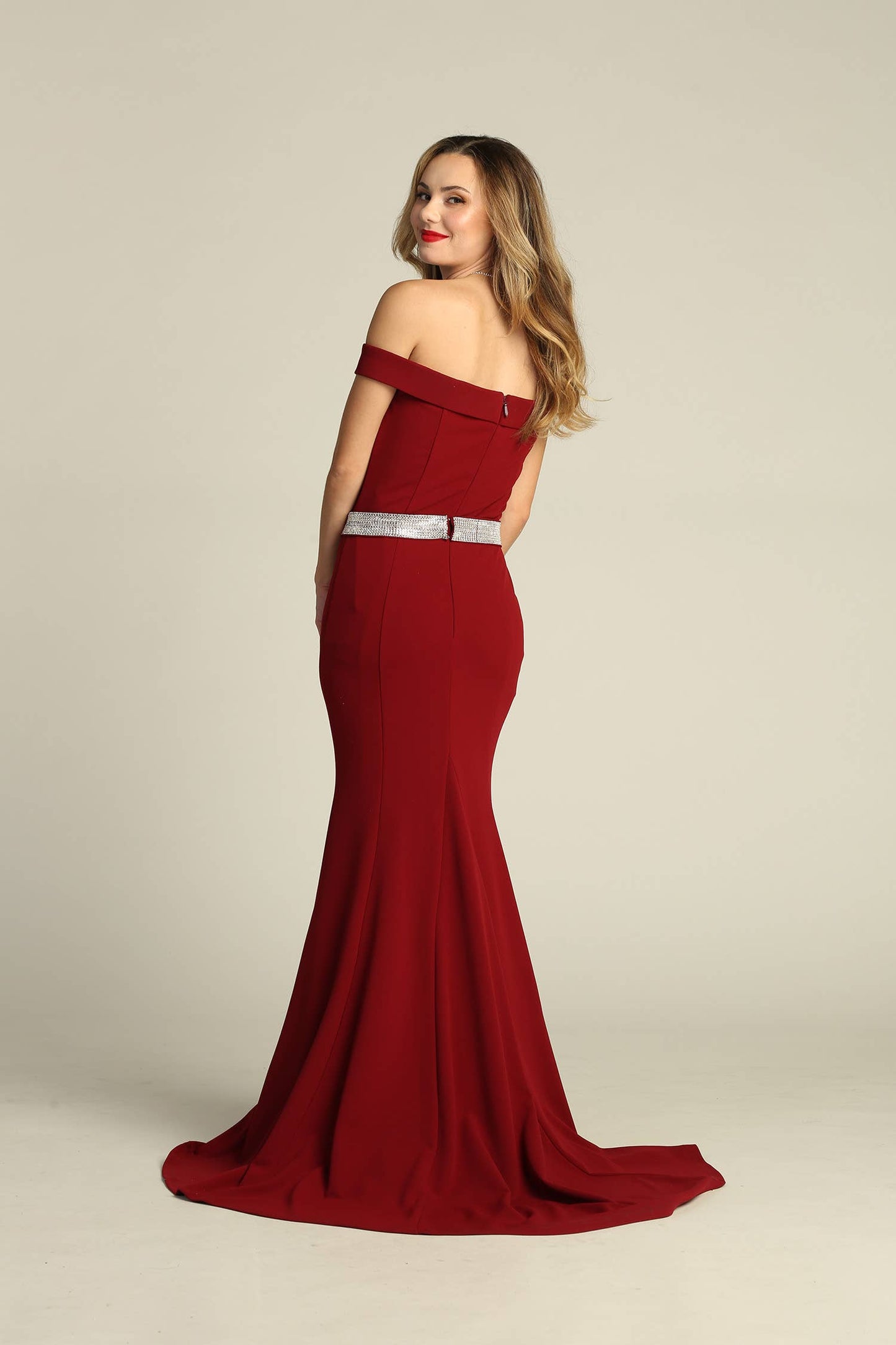 Off Shoulder Long Dress With Beaded Belt ~ Small