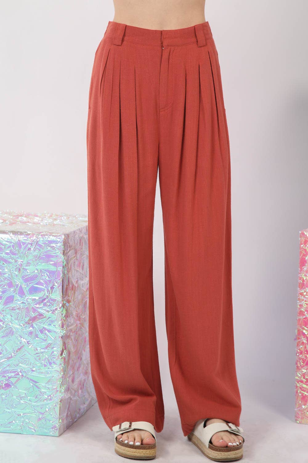 Solid Linen Pleated Wide Leg Comfy Pants