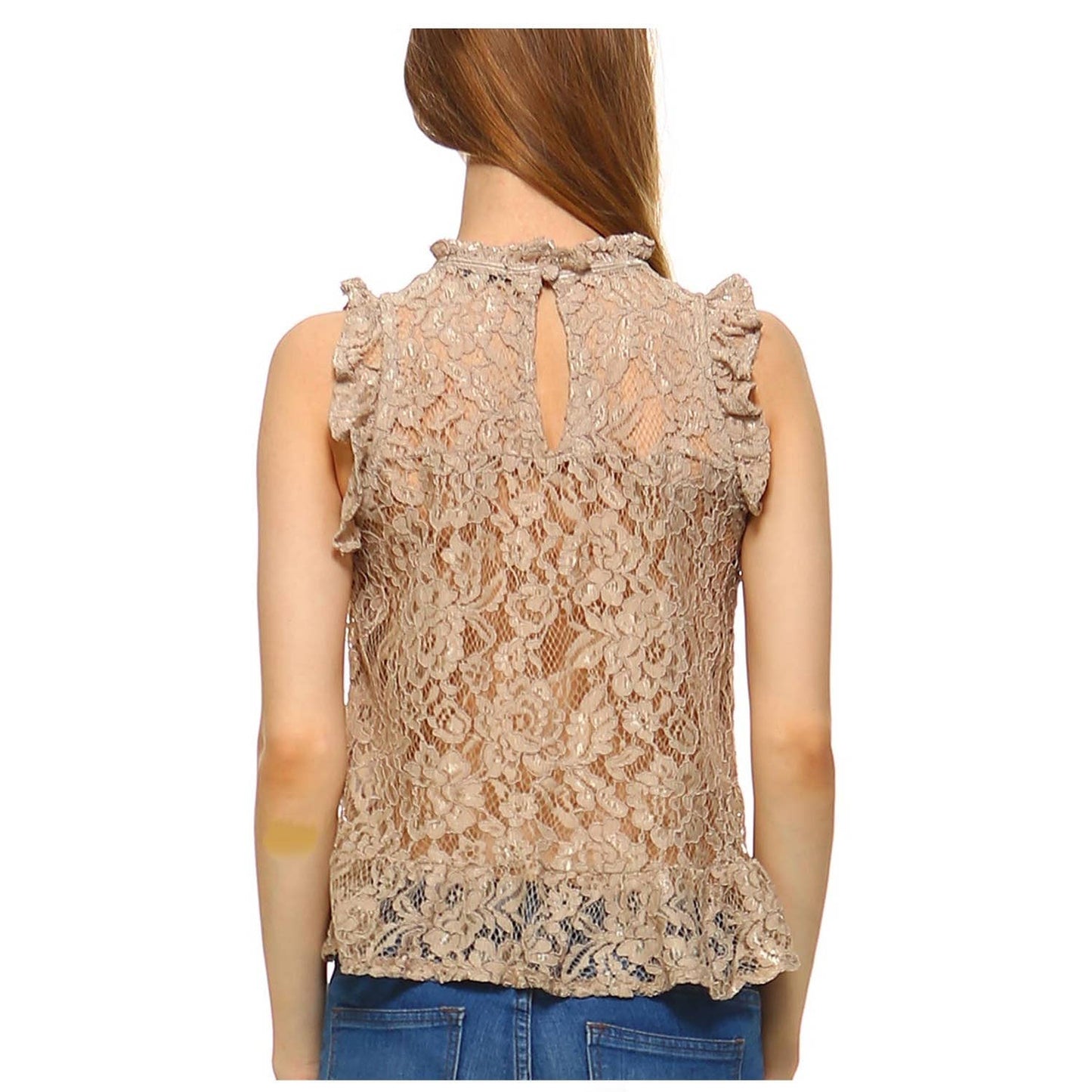 WOMENS PLAIN SLEEVELESS ROUND NECK LACE BLOUSE