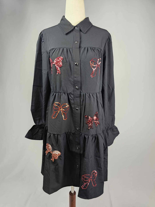 Sequins Bow Puff Sleeve Long Sleeve Dress