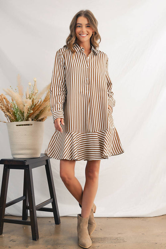 Stripe Ruffled Collared Long Sleeve Shirt Dress