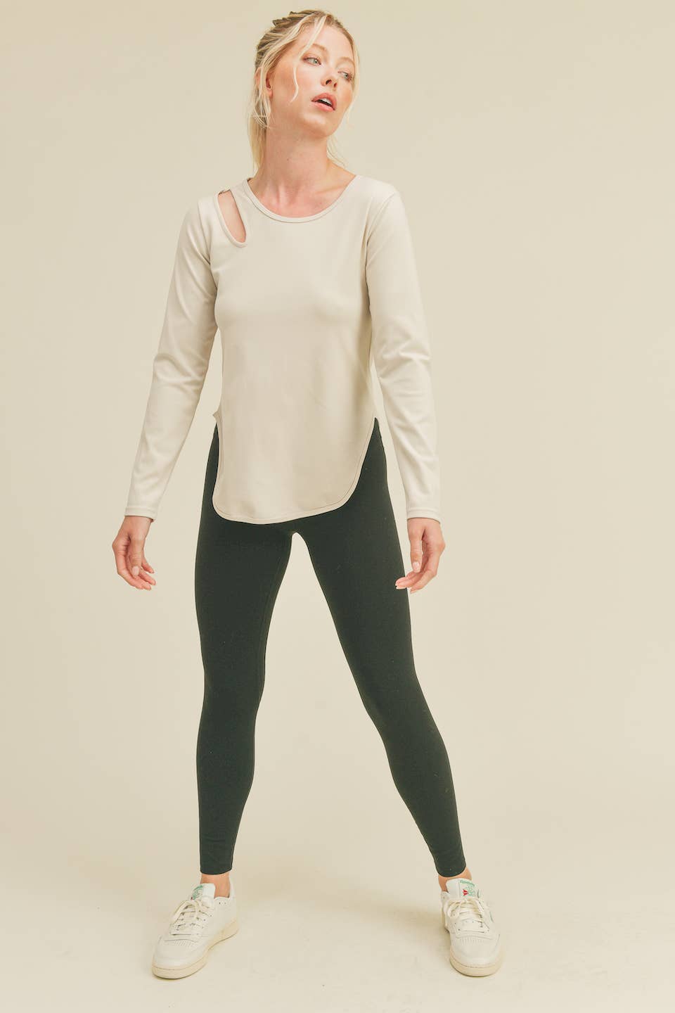 Oatmeal Asymmetrical Slit Long Sleeve Top