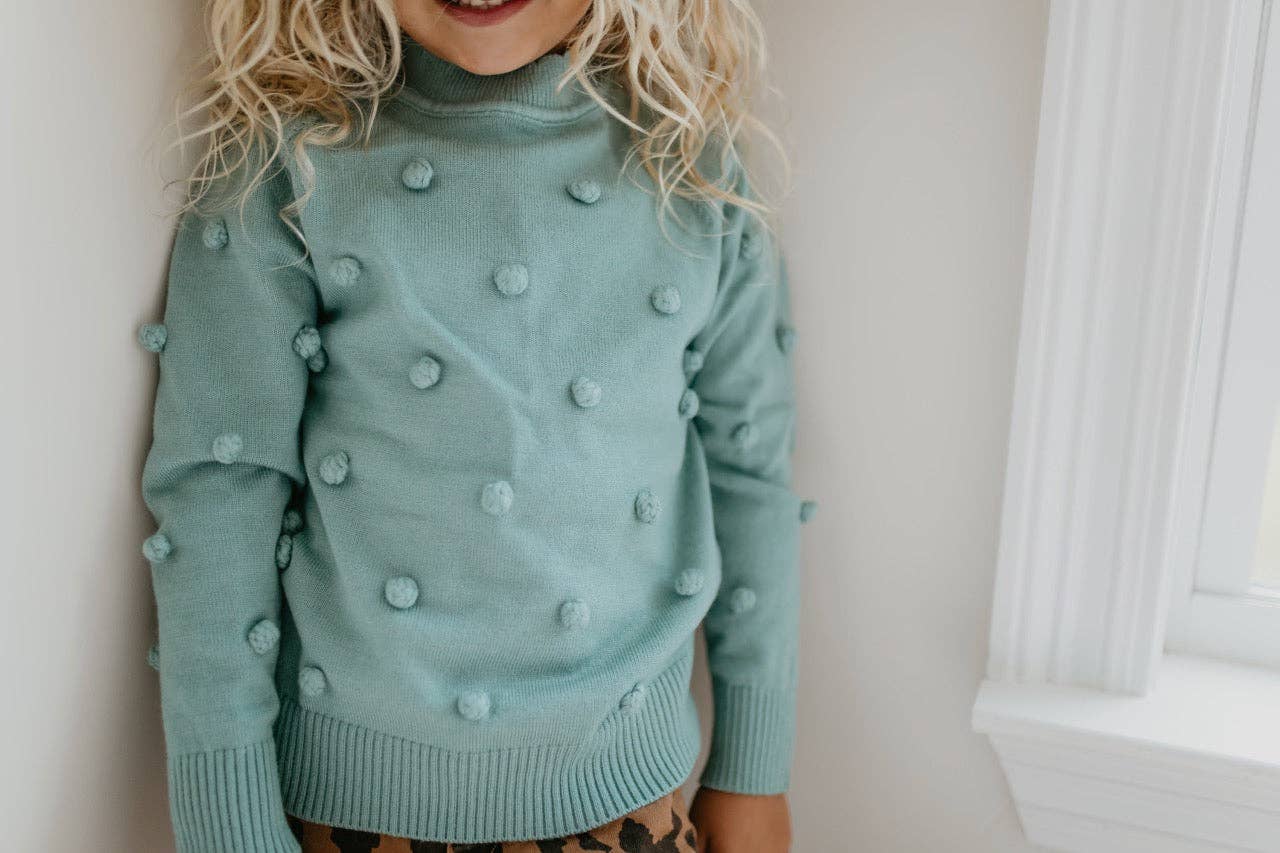 Kids Teal Pom Pom Scalloped Crew Neck Sweater