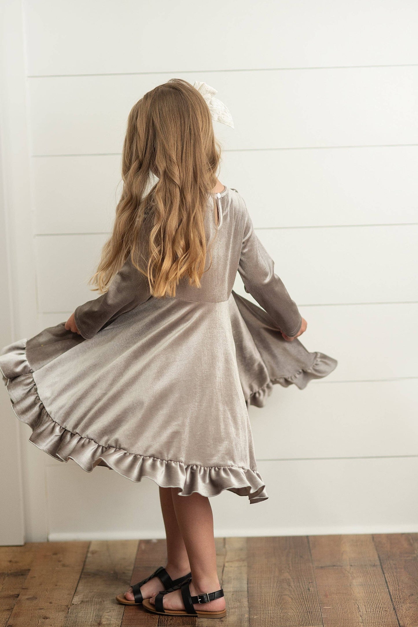 Kids Silver Velvet Ruffle Fancy Party Dress