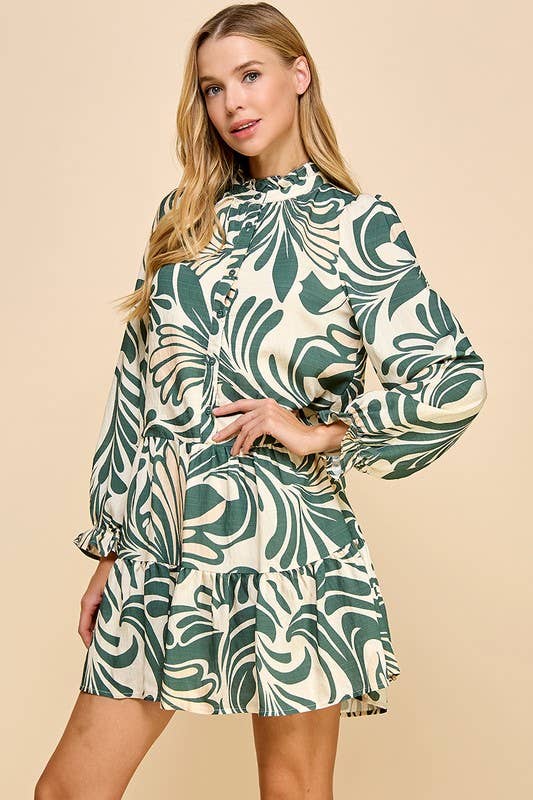 Printed Long Sleeve Dress ~ OLIVE