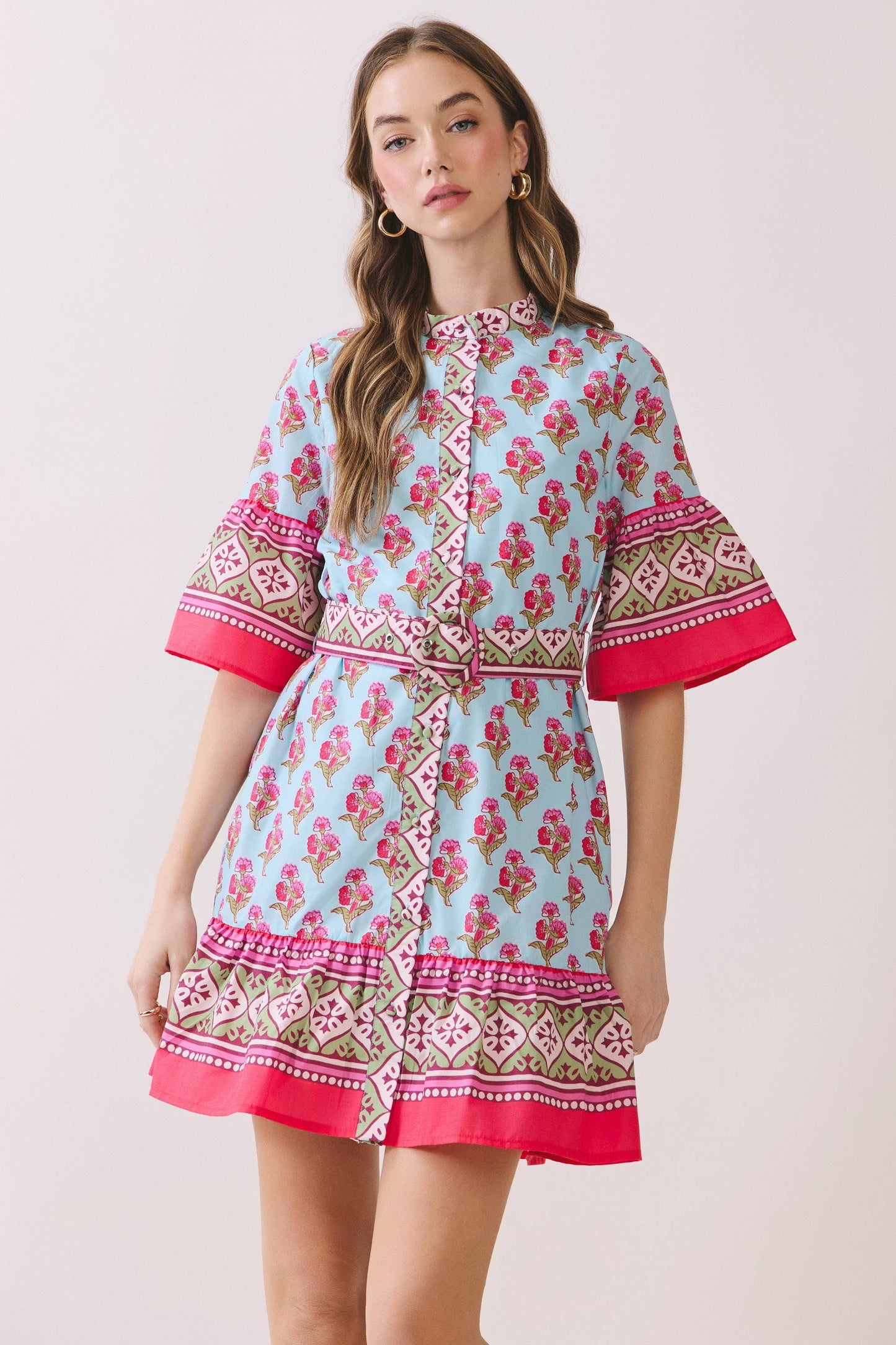 Printed Belted Mini Dress with Contrast Border