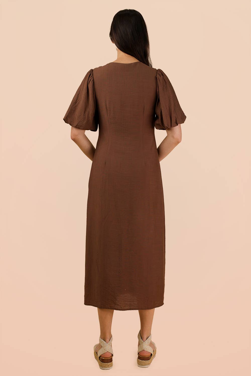 Chocolate Front Tie Detail Button Down Midi Dress